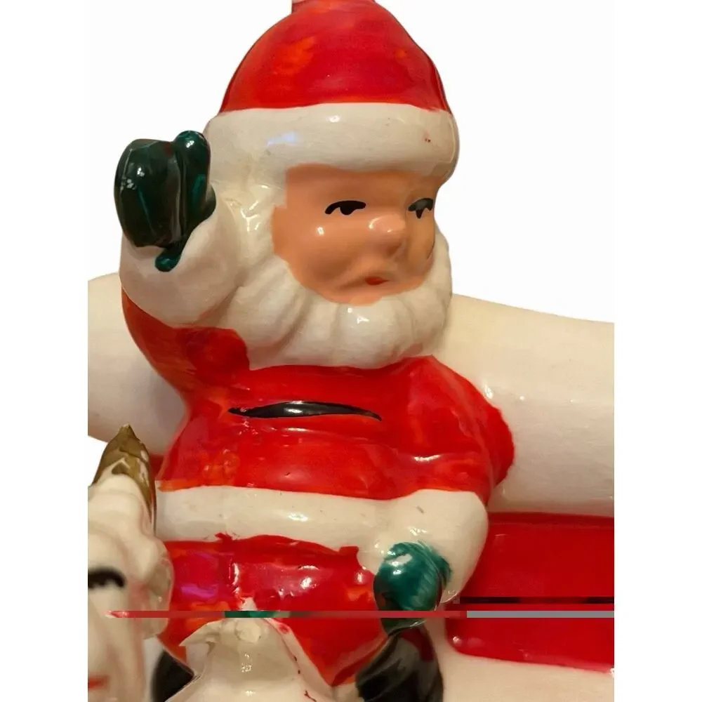 VINTAGE BRINN Santa In Sleigh & Reindeer Ceramic Planter 3318